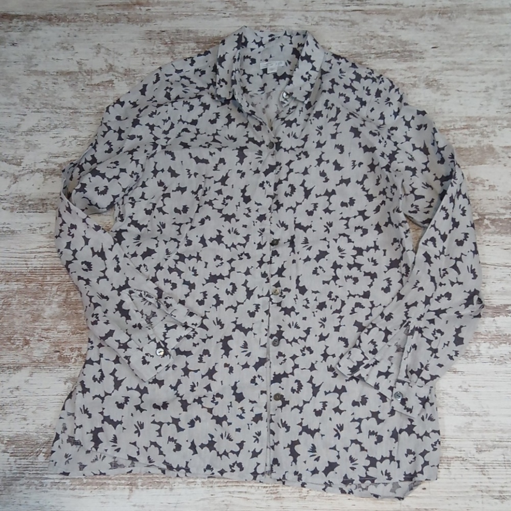 Floral Linen Lightweight Button Down Front Long Sleeve Shirt Blouse Top